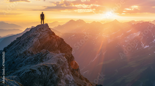 A silhouette of a person standing on top of a mountain peak looking out at a sunset symbolizing reaching business goals © Nuchylee