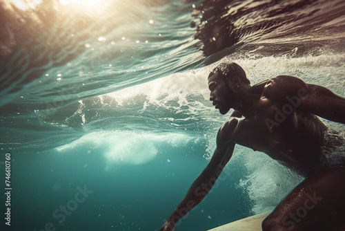 muscular black man is surfing on a wave on surfboard, water drops, white and aquamarine