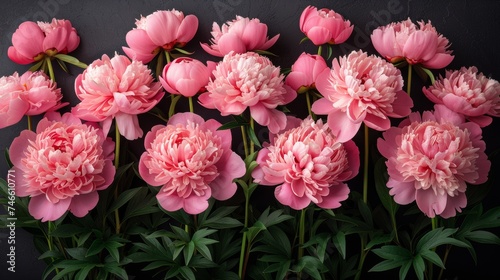 Pink Peonies Flowers Arranged on Black Background