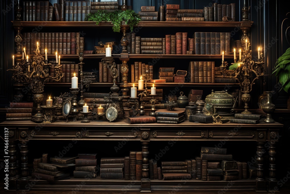 a big wooden bookcase with lots of copies of books, in the style of meticulous photorealistic still lifes, vintage academia, darktable processing, studyplace