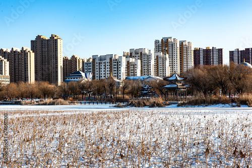 The frozen river surface and urban skyline in urban parks after snow #746611100