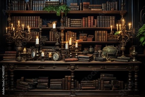 a big wooden bookcase with lots of copies of books, in the style of meticulous photorealistic still lifes, vintage academia, darktable processing, studyplace