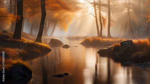 Beautiful autumn lake landscape. Lake forest at foggy morning © Katarzyna