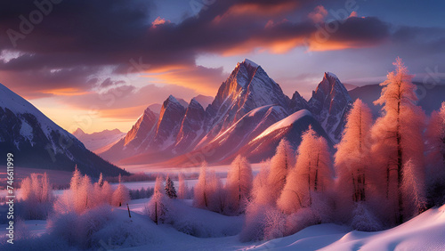 Winter mountain landscape at sunset. 