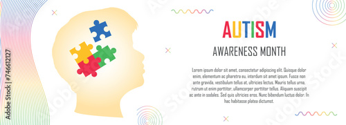Autism spectrum disorder, ASD Awareness month, Mental developmental disabilities, childhood psychology campaign, Healthcare and medicines, banner with puzzle pieces, copy space for text
