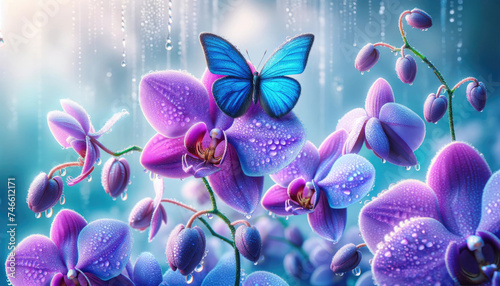 Blue Butterfly on Dewy Purple Orchids