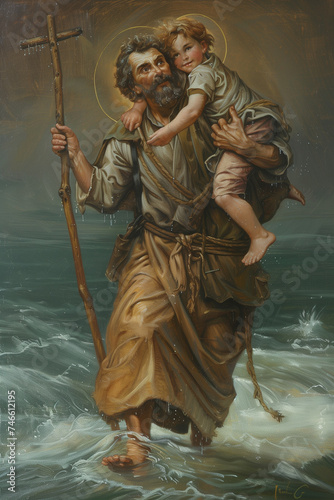 Patron saint of travel - St. Christopher carrying a boy accross water. Protect us - symbolic Catholic religious art photo