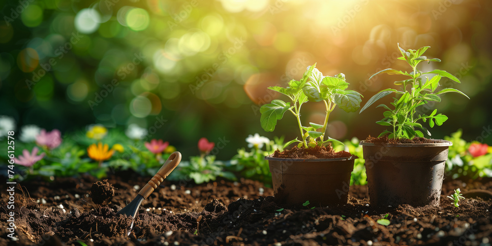 gardening tools on soil with plants, spring garden background (7) gardening tools on soil with plants, spring garden background (7)