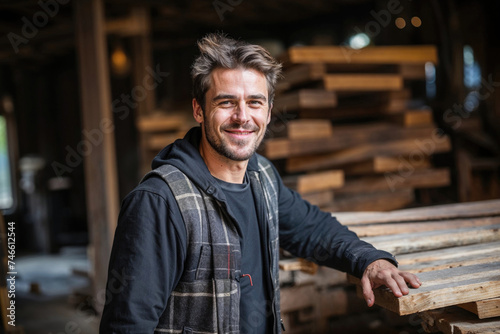 Smiling young man in a plaid jacket leaning on a pile of wooden planks