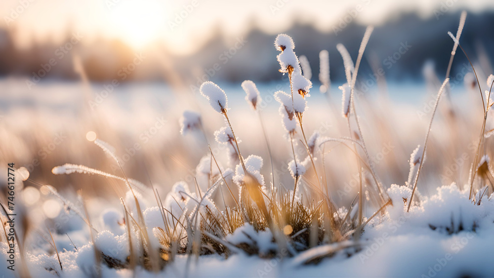 Snowy winter landscape. Frozen grass close-up. Snowy winter landscape. Frozen grass close-up.