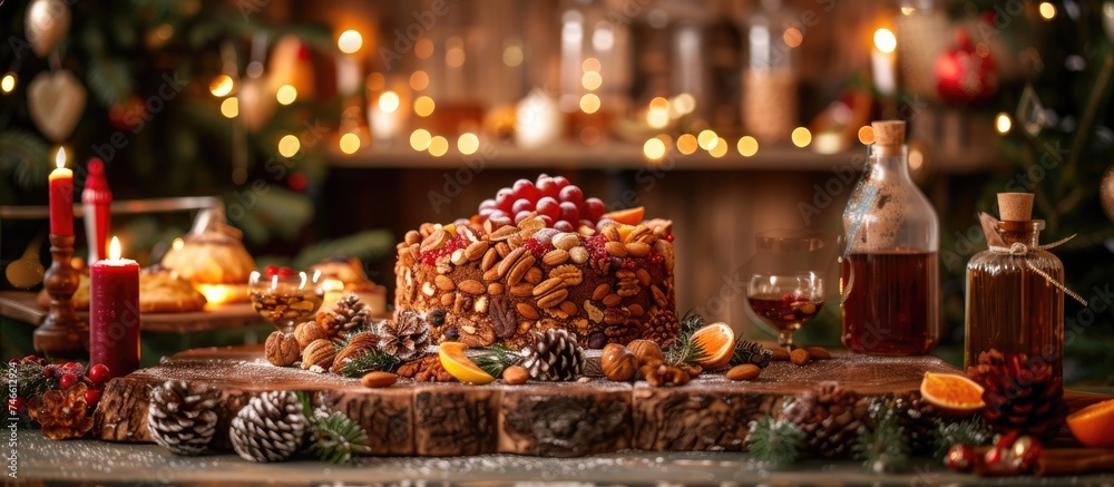 A wooden table is topped with a festive cake studded with rum-soaked nuts and fruits, creating a delicious and visually appealing dessert display.