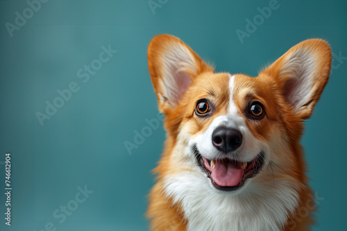 portrait obedient dog (puppy) breed welsh corgi pembroke smiling with tongue on a blue background.