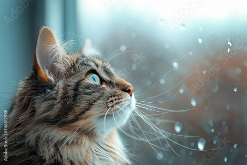 A multicolored cat sits on the windowsill and looks at the raindrops. The concept of loving and caring for pets. A charming inquisitive cat