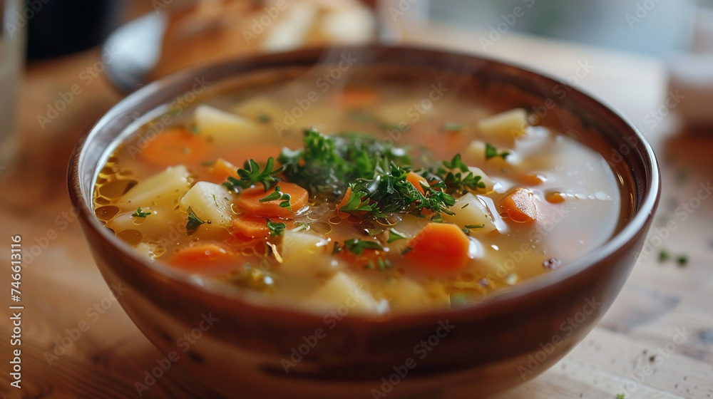 A bowl of homemade soup filled with fresh vegetables