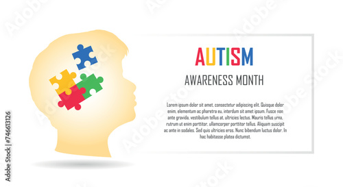 Autism spectrum disorder, ASD Awareness month, Mental developmental disabilities, childhood psychology campaign, Healthcare and medicines, banner with puzzle pieces, copy space for text