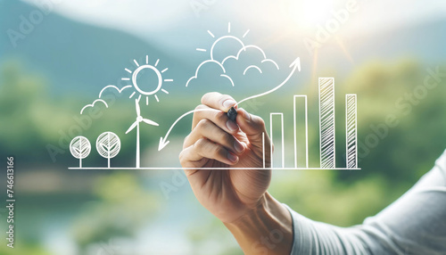 Renewable Energy suitability concept - A hand sketches a sustainable energy concept with wind turbines and sun
