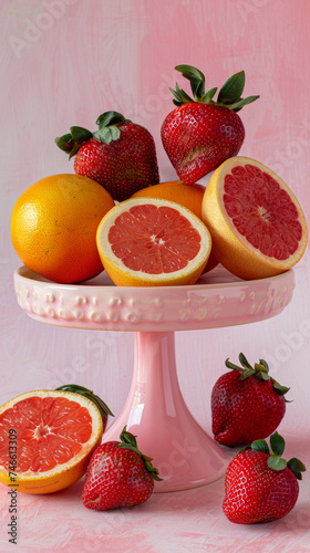 Pink Cake Plate With Grapefruits and Strawberries