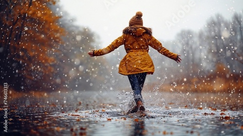 a woman leaping joyfully in the rain, near a tranquil lake © Attila