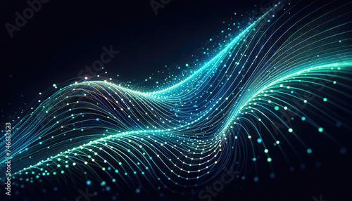 Abstract Digital Wave background with Particle Network - Dynamic abstract image of a flowing digital wave made of particles and connecting lines on a dark background.