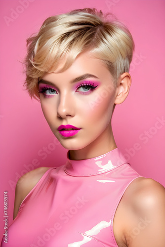Teen girl with pixie cut blond hair in pink latex short dress
