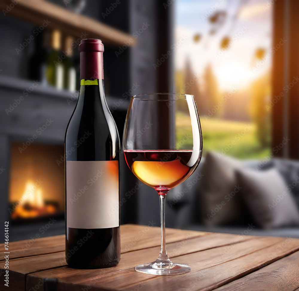 Wine mockup. Cozy home scenery. A glass of red wine on a wooden table. A bottle of wine, candles. Mood.