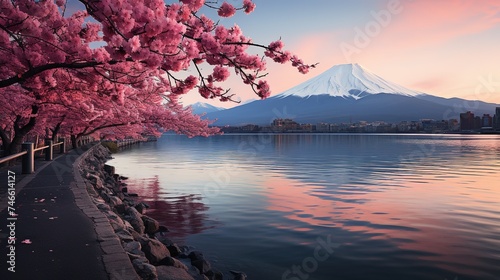 a blossoming cherry tree is against the background of the mountains, romantic riverscapes, flickr, massurrealism, eye-catching, ambitious photo