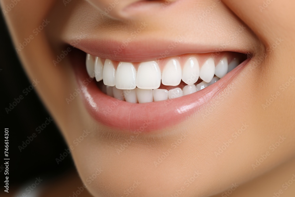 Close-up portrait of a confident person smiling with sparkling white teeth veneers Close-up portrait of a confident person smiling with sparkling white teeth veneers