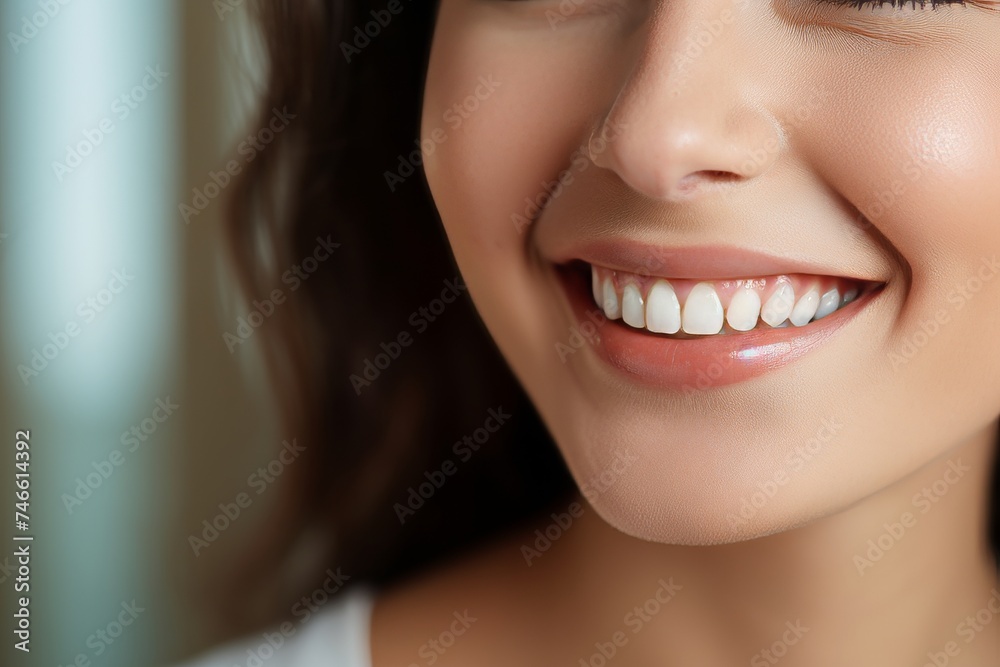 Close-up portrait of a confident person smiling with white teeth veneers for dental health concept Close-up portrait of a confident person smiling with white teeth veneers for dental health concept