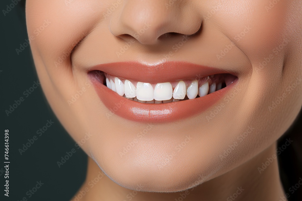 Obraz premium Close-up of a person showing confidence with a beautiful smile and white teeth veneers