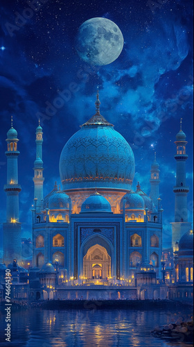 Mosque building in magic moon light. Ramadan kareem wallpaper. Eid ai fitr. Eid al adha background