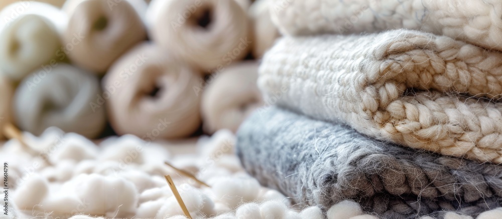 A stack of blankets is resting on a pile of white balls, creating a cozy and inviting image. The blankets provide warmth and comfort, while the white balls add a playful element to the scene. A stack of blankets is resting on a pile of white balls, creating a cozy and inviting image. The blankets provide warmth and comfort, while the white balls add a playful element to the scene.