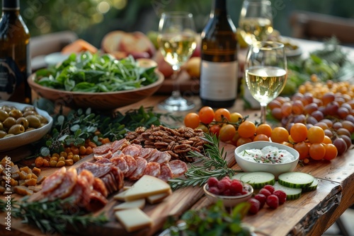 A rustic table abundantly filled with various meats, cheeses, fruits, and nuts, perfect for a gathering
