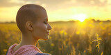 Woman with shorn head standing in a field of golden wheat with eyes closed soaking up the warm sunlight - cancer survivor taking a moment to appreciate the beautiful warmth of the sun on her skin
