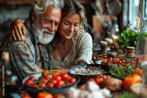 An older man and woman enjoying preparation of a meal with fresh ingredients
