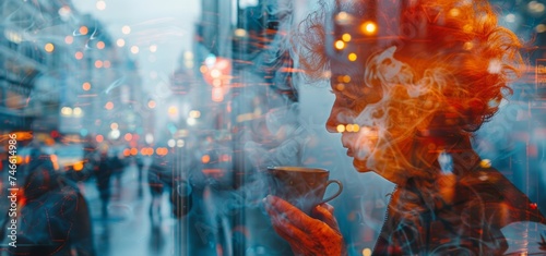 A senior Caucasian man with striking red hair, its hue reminiscent of autumn leaves, cherishes a tranquil coffee moment within a double exposure image. 