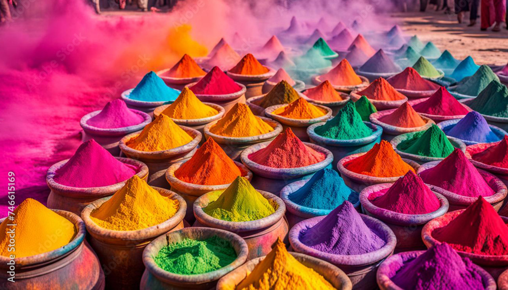 Colorful piles of powdered dyes used for holi festival in india. Holi dust. 