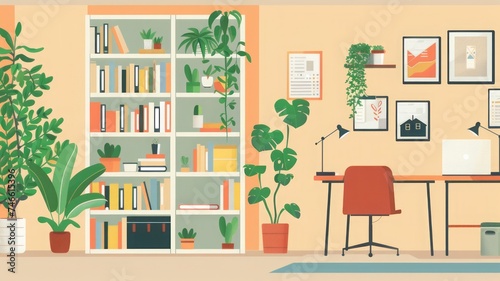 zoom background photo of a minimalist modern office with a bookshelf and plants