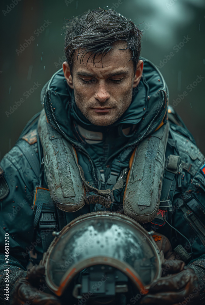 Astronaut lost in space. Portrait of man in gas mask Astronaut lost in space. Portrait of man in gas mask