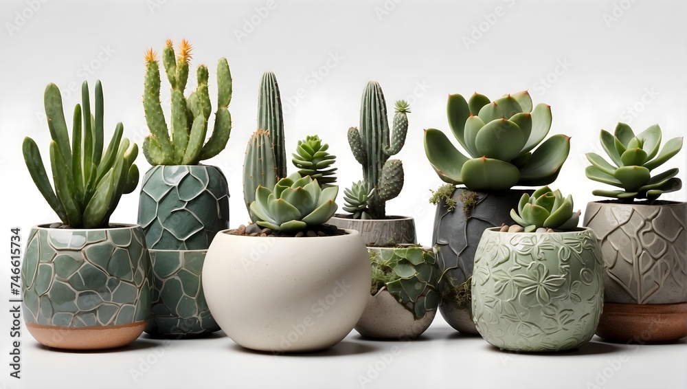 different mixed cactus and succulents types of small mini plant in modern ceramic nordic vase - obrazy, fototapety, plakaty 