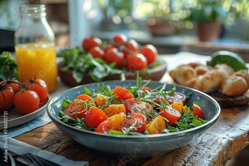 Delicious tomato salad garnished with herbs served in a modern kitchen  symbolizing healthy eating and cooking at home