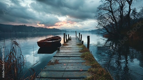 a boat's dock on a lake, in the style of soft, atmospheric lighting, light sky-blue and dark black, creative commons attribution, happenings, time-lapse photography photo