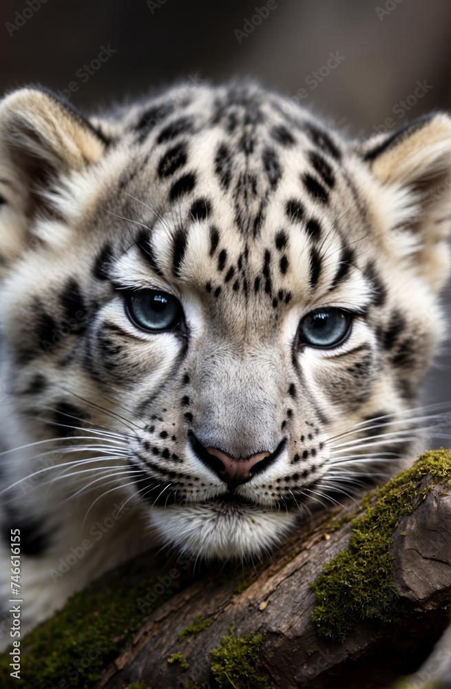 Snow leopard cub close up portrait