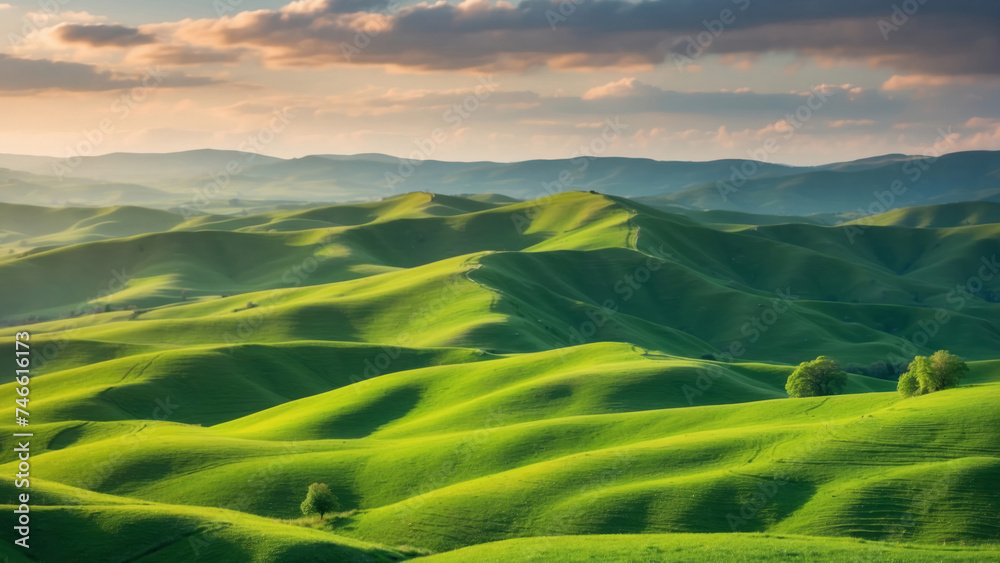 Serene green rolling hills at sunset Serene green rolling hills at sunset