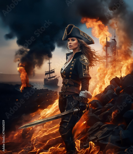 Pirate queen overseeing fiery battle at sea © breakingthewalls