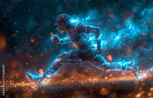 Football player running with ball on the field of stadium with light effects