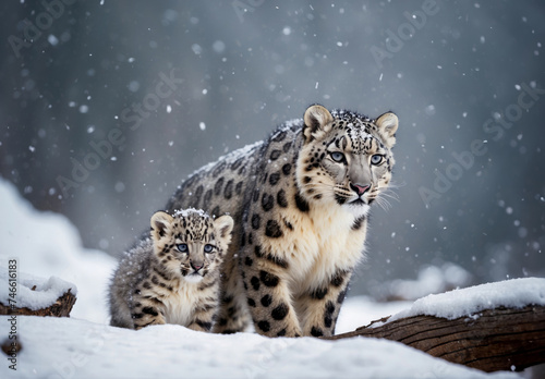 Snow leopard mother and cub under winter snow
