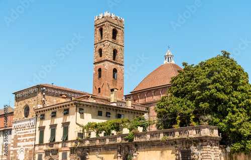 View of the bell tower of the Church of Santi Giovanni e Reparata, from Piazza San Martino, in the oldest part of the historic center of Lucca, Tuscany, Italy