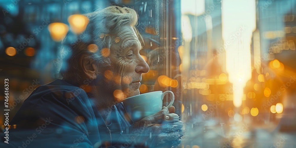 A senior Caucasian man, his hair now a soft blonde, embraces a serene coffee moment within a double exposure image. - obrazy, fototapety, plakaty 