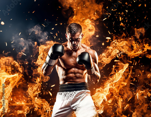 Boxer in black boxing gloves fighting in fire