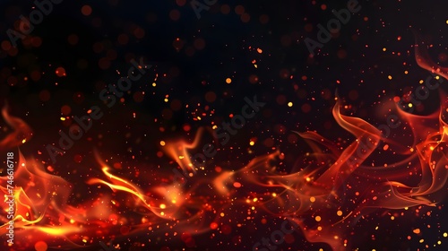 Fire flames on black background. fire flames and sparks with horizontal repetition on dark background, digital ai 